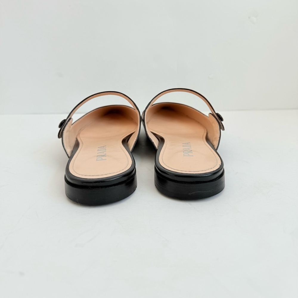 Prada Black Spazzolato Leather Mary Jane Mules Pointed Toe flats EU 37.5 - Picture 2 of 8